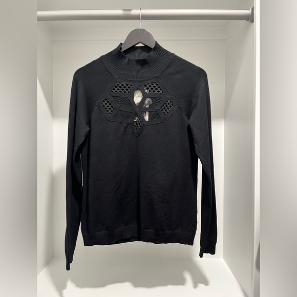 CYRUS Snowflake Cut Out Mockneck Black Stretch Long Sleeve Sweater Small NWT - Picture 1 of 12